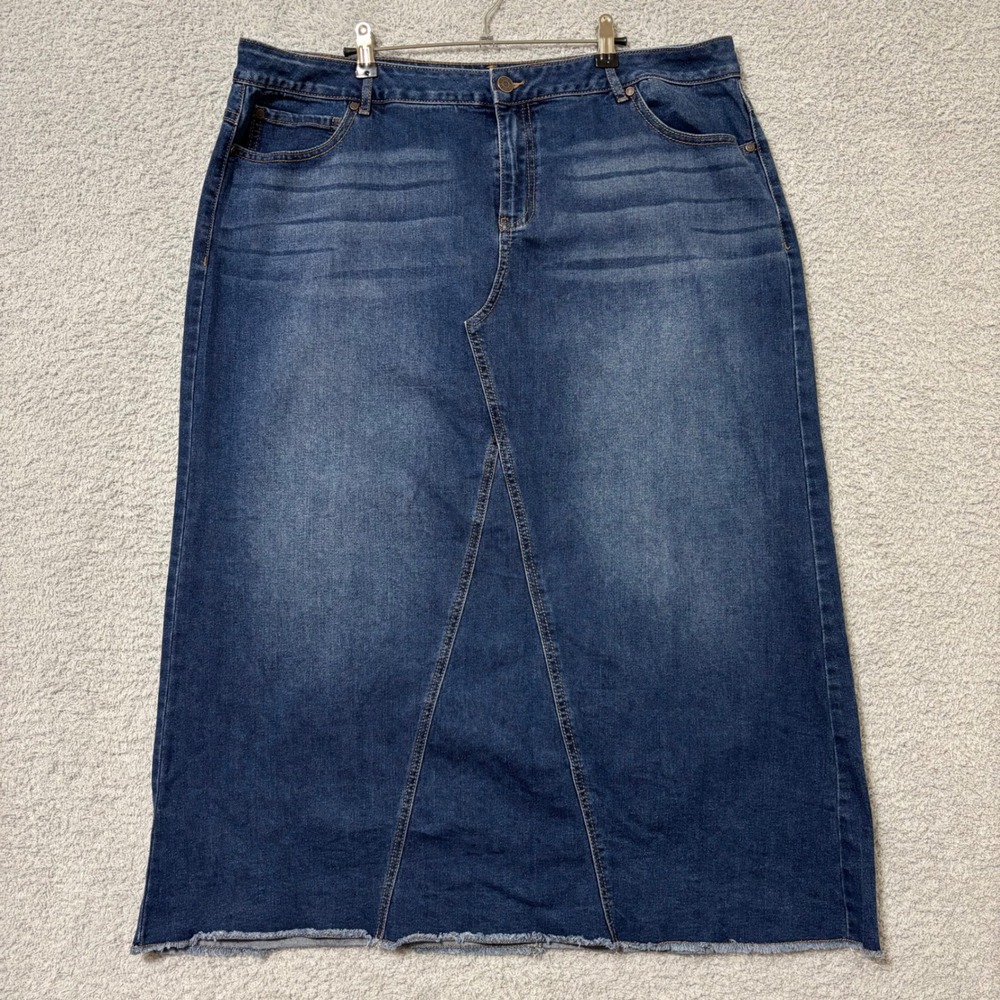 Comfort Stretch Denim Skirt Plus Size 20W Long Blue Raw Hem Pockets